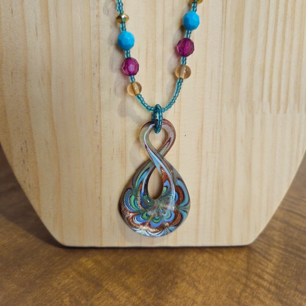 Glass Pendant Seed Bead Necklace Purple Blue